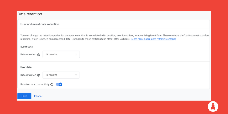 google analytics data retention screen with both options set to retain data for 14 months